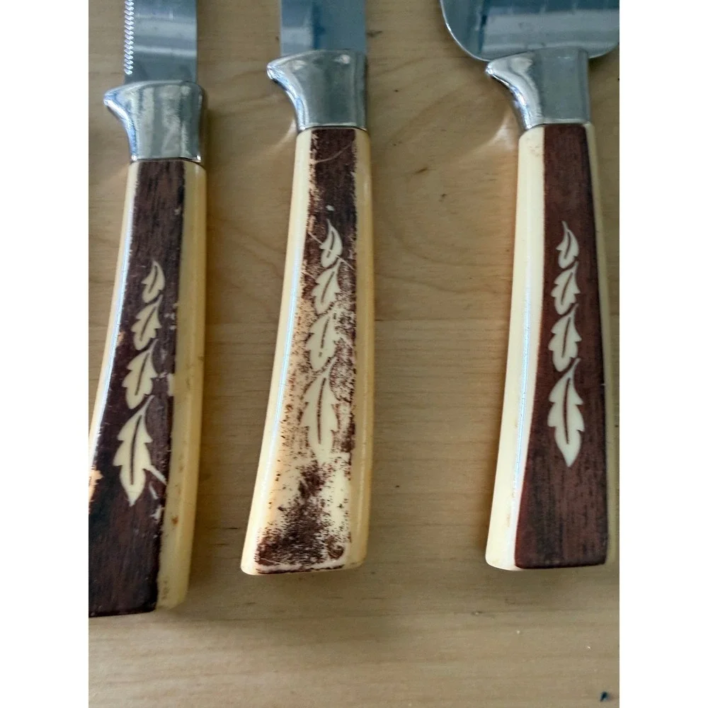 Vintage Regent Sheffield‎ England 6pc Cutlery Set MCM Stag Leaf Handle Knives